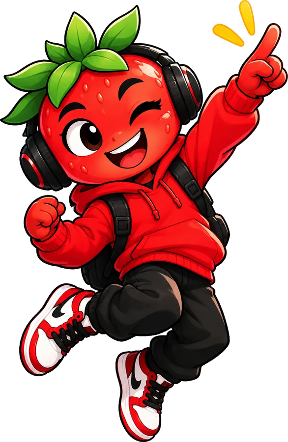 Strawberry mascot pointing up