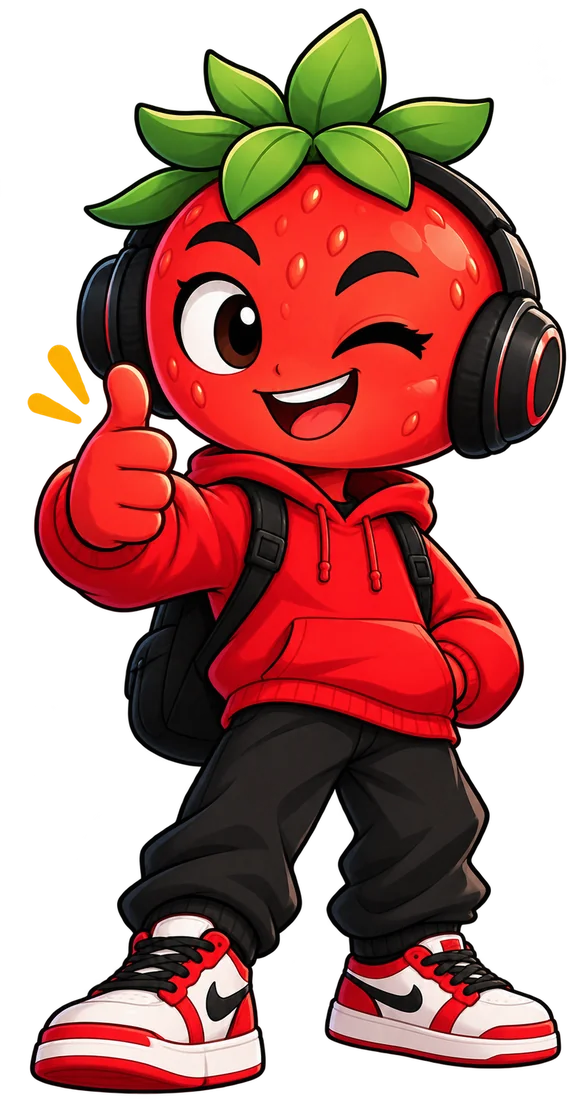 RevSlay strawberry mascot in a red hoodie and headphones giving a thumbs up